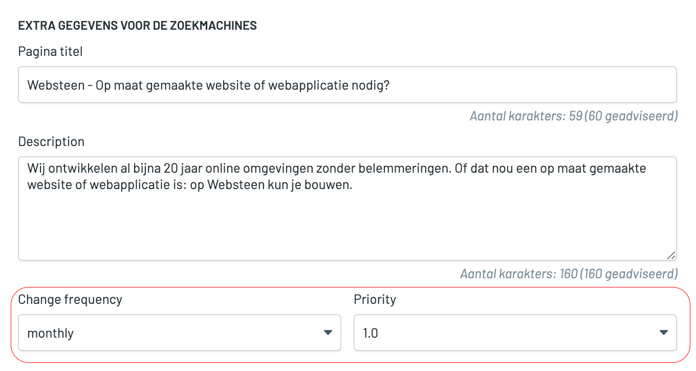 Voorbeeld waar de change frequency en priority staan in het Websteen CMS