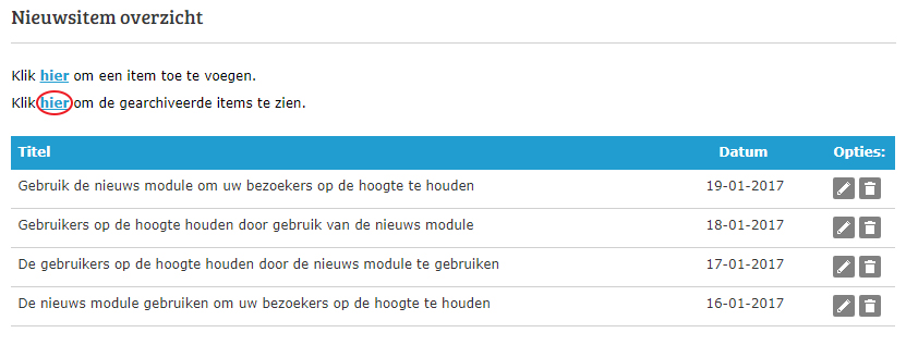 Een nieuws-item toevoegen aan het archief