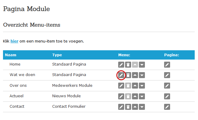Het menu-item type aanpassen in het Websteen CMS