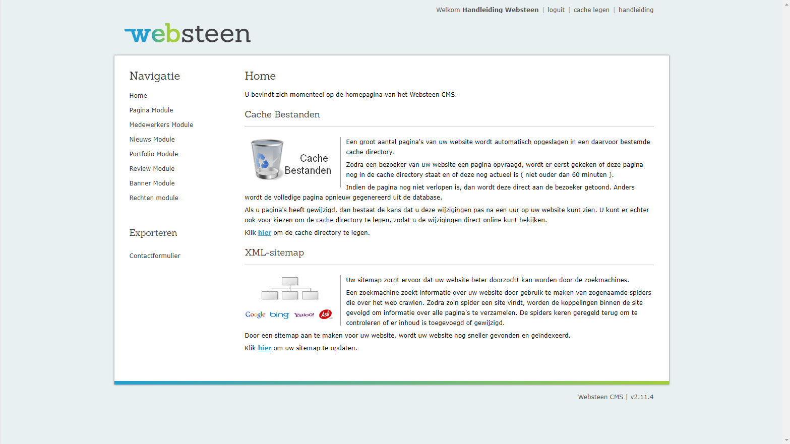 De homepagina van het CMS