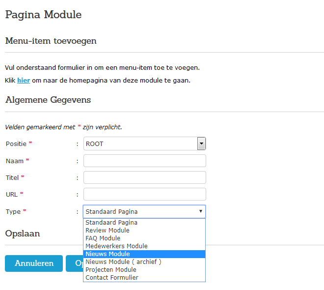Een 'type' pagina aanmaken in het Websteen CMS