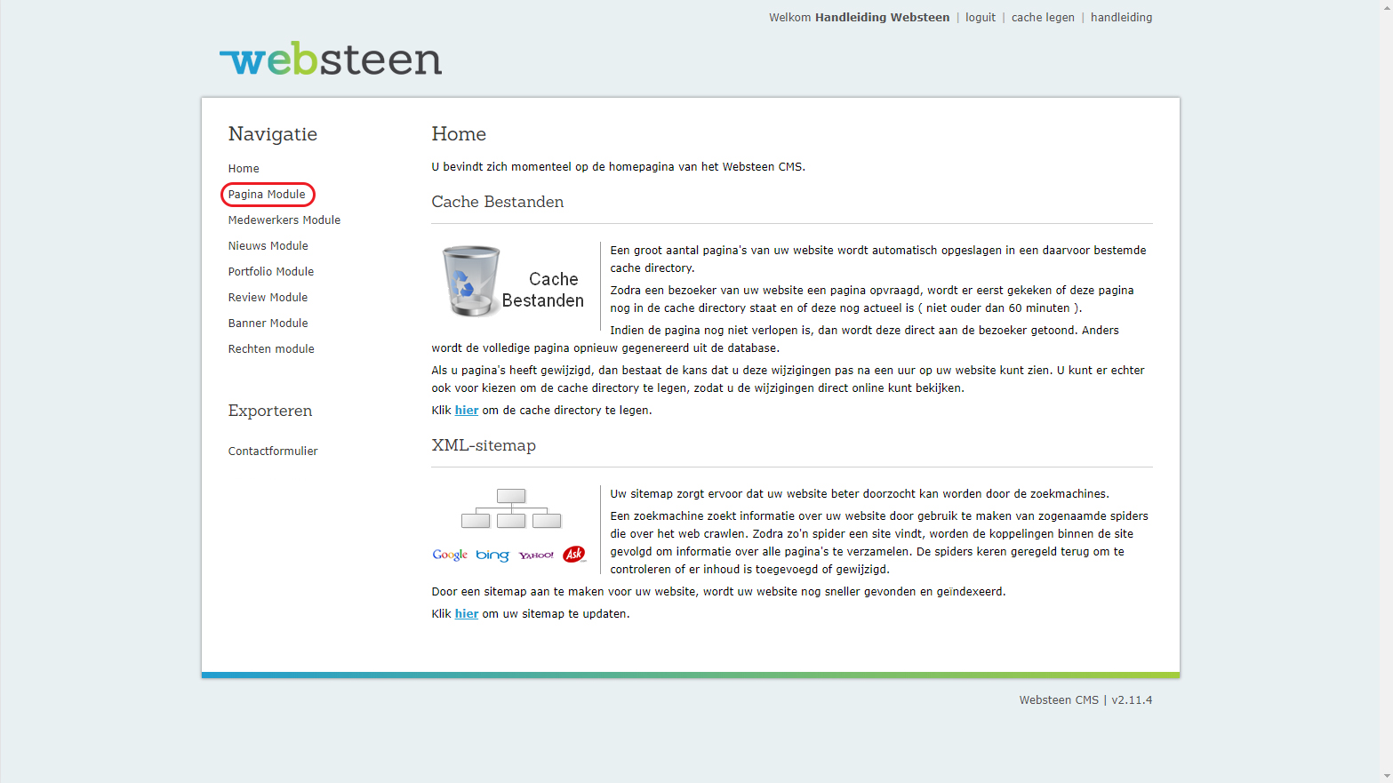 De pagina module in het Websteen CMS.
