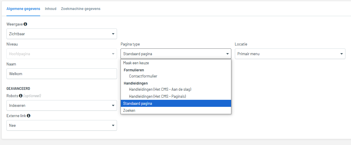 Het vernieuwde Websteen CMS: hoe pas ik het pagina type aan?