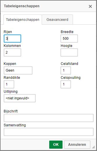 Tabeleigenschappen invullen in het CMS van Websteen