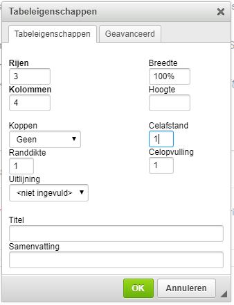 Tabeleigenschappen invullen in het CMS van Websteen