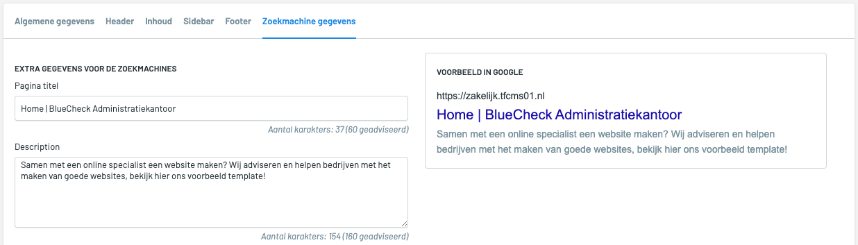 Voorbeeld zoekmachine gegevens in het Websteen CMS